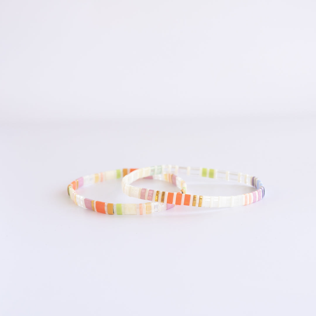 Two colorful stretch glass bead bracelets inspired by Venice Beach - shop exclusive designs at Current.