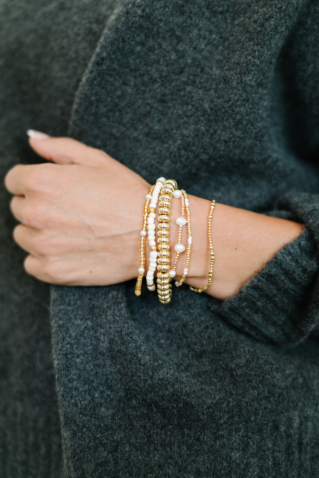 Golden Glow Bracelet Stack! stretch bracelets, beautifully gold and white tones with elegant pearl accents.