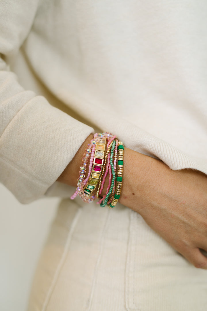 BRIGHT BLING Bracelet Stack! colorful gem insets, sparkling glass beads, and dainty pink, green, and gold stretch bracelets.