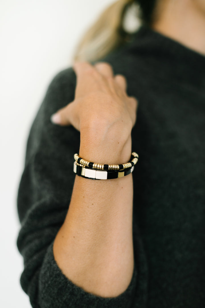 Black and White Stretch Bracelets with black dainty gold bracelets - s style for any outfit.