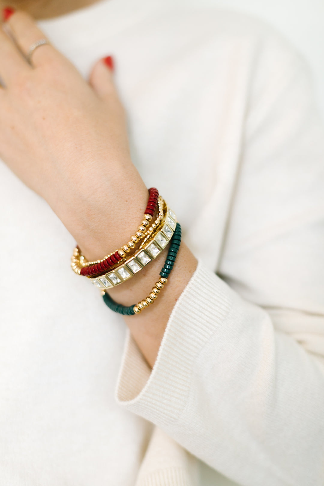 Noel bracelet stack - a combo of red, green, and gold-plated beads, with diamond bling, Christmas party ready