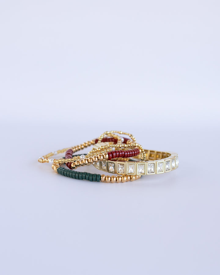 Noel bracelet stack - a combo of red, green, and gold-plated beads, with diamond bling, Christmas party ready