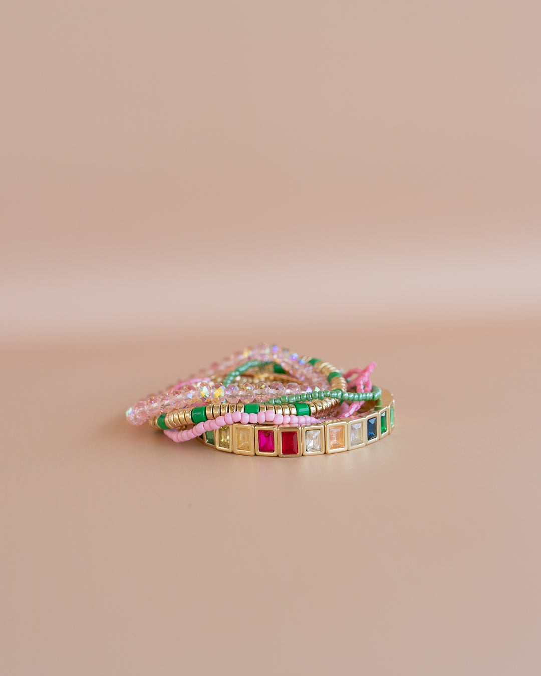 BRIGHT BLING Bracelet Stack! colorful gem insets, sparkling glass beads, and dainty pink, green, and gold stretch bracelets.